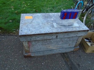 Vintage carpenters tool box with tin top. 36 x 21 x 19. As shown.
