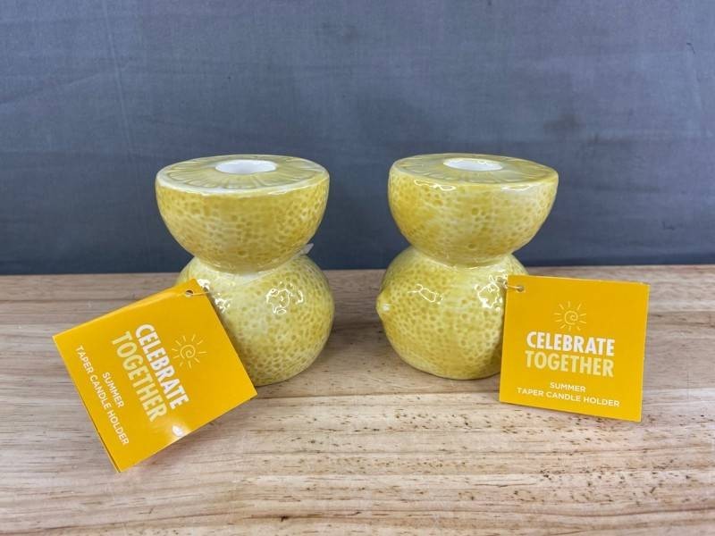 Celebrate Together Lemon Taper Candle Ceramic Holders - Brand New