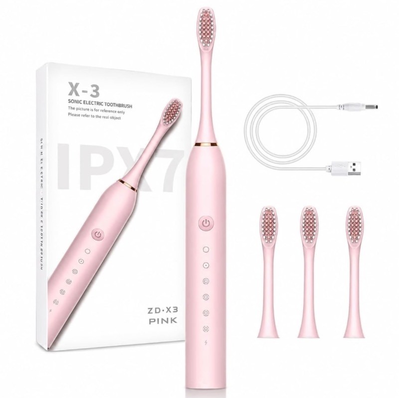 X-3 IPX7 Sonic Electric Toothbrush and Replacement Heads, Pink - Brand New