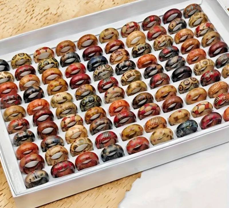 Vibrant Wooden Ring Collection - 100 Total Rings - Brand New