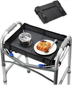 Folding Walker Tray with Cup Holder and Velcro Straps, Black - Brand New