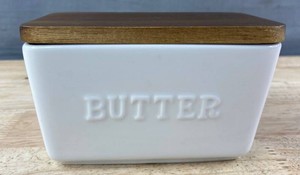 Better Homes & Gardens BUTTER Dish with Wooden Cover, White - Brand New