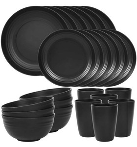 Quatish Wheat Straw Dinnerware Set, Black, 24 Piece - Brand New