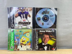 4 PlayStation Video Game Collection - Madden NFL 2002, Jimmy Whites 2 Cueball, SpongeBob SquarePants SuperSponge, and Sled Storm&nbspC