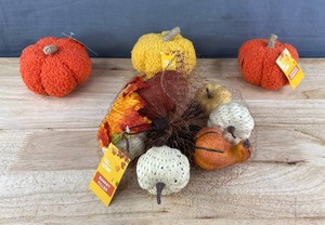 Fall Decor Basket Filler & Boucle Pumpkins, Yellow and Orange, 3 Total - Brand New