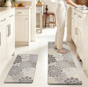 Aonewoe Anti-Fatigue Non-Slip Kitchen Mats, Neutral Floral, 17 x 28 & 17 x 47 - Brand New