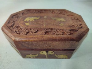 Hand Carved Wooden Jewelry Box wBrass Elephant Accents