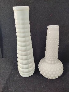 Two White E.O. Brody Milk Glass Vases
