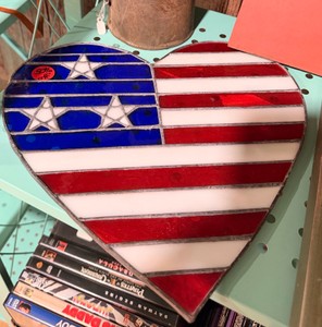 Patriotic American Flag Heart Stained Glass Suncatcher  Red, White &amp Blue