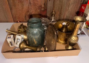 Vintage Brass &amp Glass Decor Collectibles Lot  Vases, Mason Jar, Candleholders &amp More
