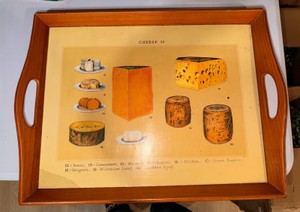 Vintage Wooden Serving Tray  Cheese II Illustrated Cheese Varieties  Double Handles