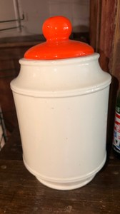 Vintage White Ceramic Canister with Bright Orange Lid  Retro Kitchen Storage Jar