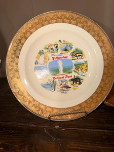 Vintage Yellowstone National Park Souvenir Decorative Plate  Gold Ornate Border