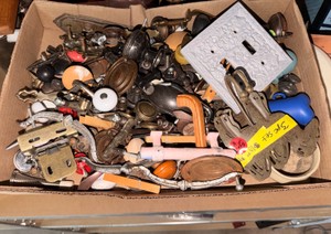 Large Assorted Lot of Vintage Cabinet Hardware, Drawer Pulls, Knobs &amp Hinges