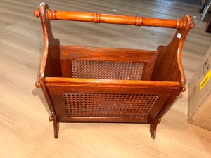 Vintage Wooden Magazine Rack with Cane Panels  Turned Wood Handle