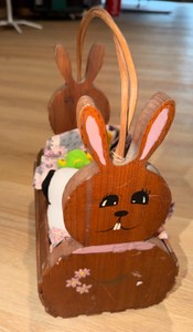 Wooden Easter Bunny Basket with Handle &amp Assorted Plush Toys  Vintage-Style Dcor