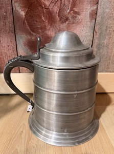 Vintage Pewter-Tone Lidded Beer Stein  Tankard with Hinged Lid &amp Ceramic Interio