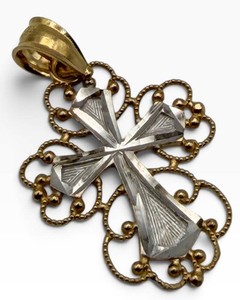 Ornate Two-Tone Filigree Cross Pendant 14K