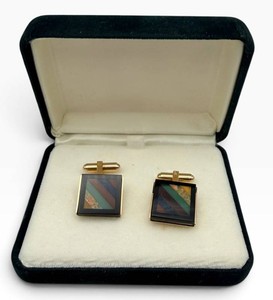 Square Gold-Tone Geometric Inlay Cufflinks With Presentation Case