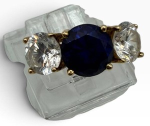 14K Gold Three-Stone Ring With Blue and Clear Faceted Stones
