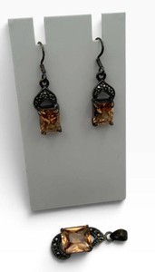925 Silver Amber-Toned Earrings & Pendant Set