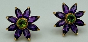 14K Gold Floral Stud Earrings With Purple & Green Gemstones
