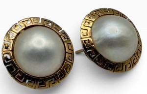 14k Greek Key  Iridescent Cabochon Drop Earrings