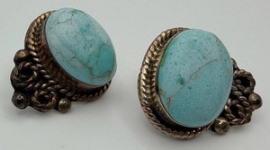 Vintage Mexican Silver Turquoise-Colored Cabochon Earrings