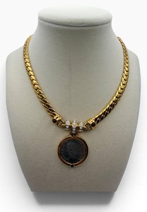 Gold-Tone Woven-Link Necklace With Coin-Style Pendant