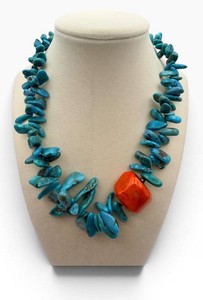 Blue-Green Stone Chip Statement Necklace With Orange Accent Bead