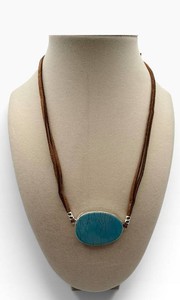Turquoise-Tone Oval Pendant Necklace With Brown Cord