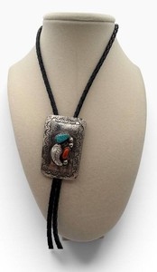 Western Bolo Tie With Engraved Slide and Turquoise-Colored Stones