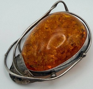 Sterling and Amber-Colored Cabochon Ornate Silver Statement Brooch Pendant