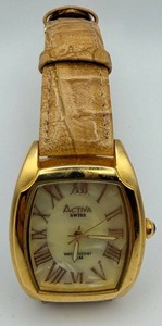 Activa Swiss Gold-Tone Tonneau Wristwatch With Leather Strap