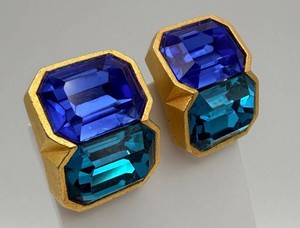 Signed Margot Gold-Tone Blue & Teal Clip-On Earrings