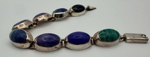 Sterling Silver Link Bracelet With Blue & Green Cabochons