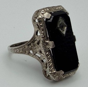 Sterling Ornate Rectangular Black Stone Statement Ring