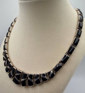 Mexico Taxco 925 Geometric Black Inset Bib Necklace