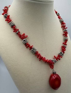 Red Chip-Bead Statement Necklace With Silver-Tone Accents and Pendant