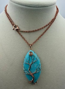 Blue-Green Stone Tree of Life Wire-Wrapped Pendant Necklace