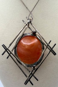 Sterling Silver Geometric Orange Stone Pendant Necklace