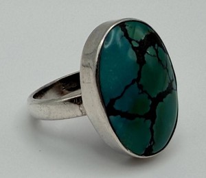 Sterling Oval Blue-Green Matrix Stone Ring Size 8