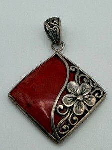 Sterling Ornate Red Cabochon Floral Scrollwork Pendant