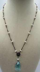Pearl Bead Necklace With Faceted Aqua Blue Teardrop Pendant