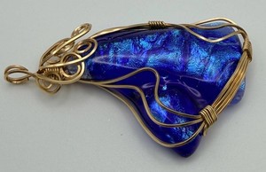 Blue Iridescent Art Glass Wire-Wrapped Pendant