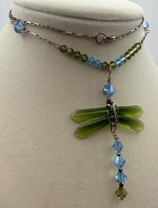 Beaded Dragonfly Pendant Necklace With Blue & Olive Beads