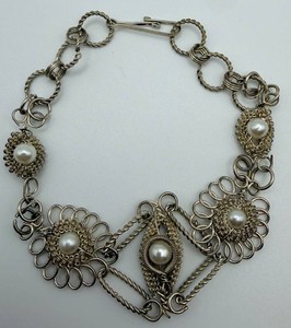 Sterling Ornate Statement Necklace With Pearl-Like Cabochons