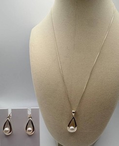 Sterling Teardrop Pearl Accent Necklace & Matching Earrings Set