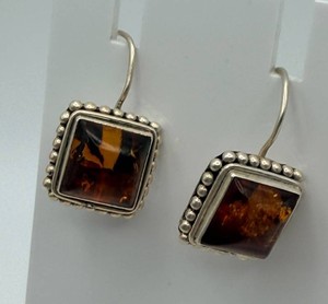 Sterling Silver 925 Amber-Color Cabochon Drop Earrings
