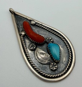 Sterling Southwestern-Style Teardrop Pendant With Turquoise & Coral-Colored Stones